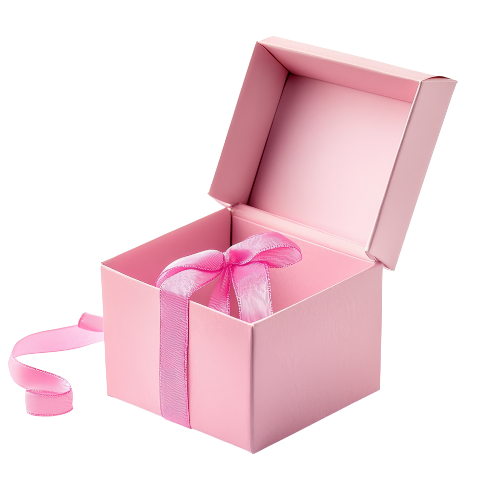 A pink open gift box with a ribbon sits on a clean transparent background, perfect for special occasions and celebrations, Blue open gift box with ribbon isolated on transparent background png