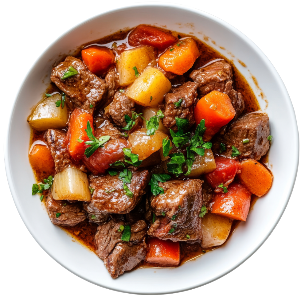 A hearty bowl of stewed beef with colorful vegetables, perfect for a comforting meal any time of year, Stewed beef with vegetables isolated on transparent background png