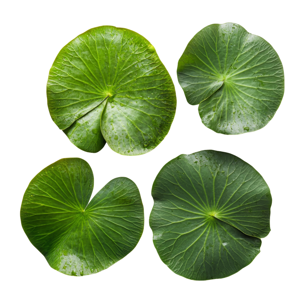 Fresh organic giant water lily leaves displayed on a transparent background in natural light, Fresh organic giant water lily leaves on transparent background. giant water lily leaves transparent png