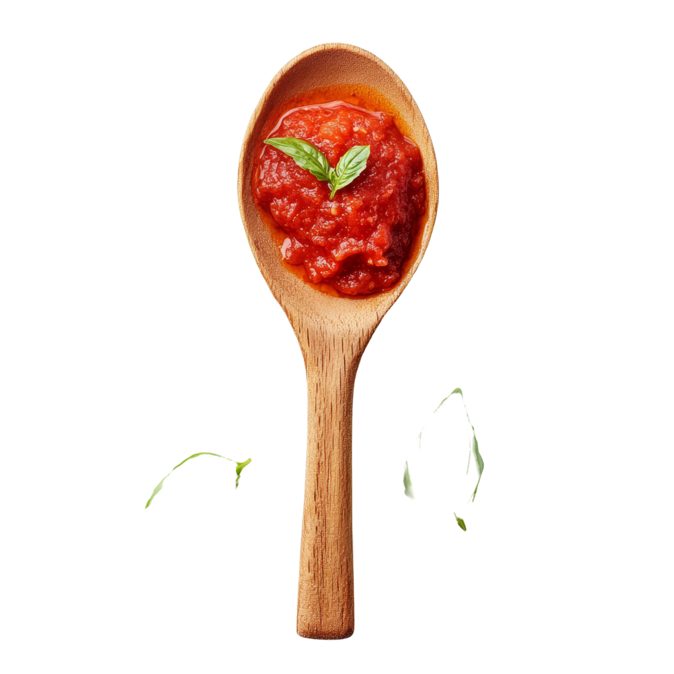 Wooden spoon holding fresh tomato sauce garnished with basil leaves on a transparent background, Wooden Spoon with Tomato Sauce and Basil on transparent background png