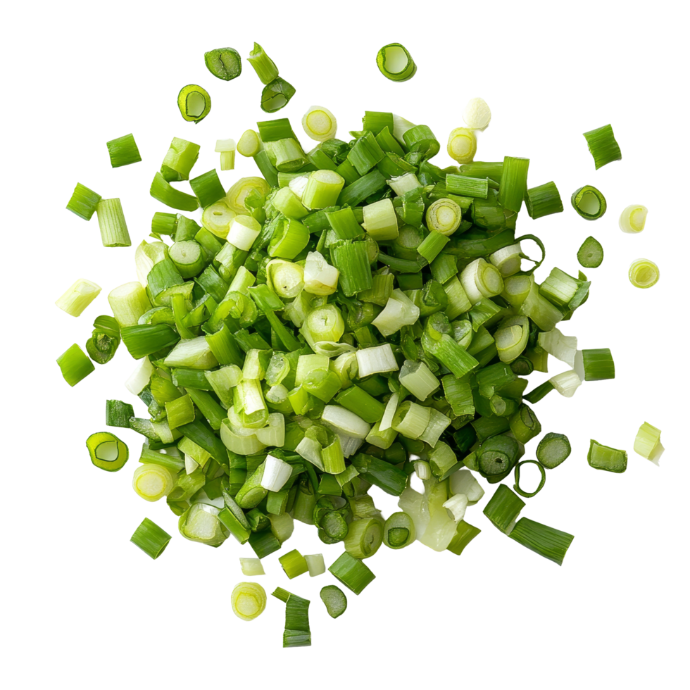 Chopped green onions on a transparent background showcasing fresh culinary ingredients for various dishes, chopped green onions on transparent background png