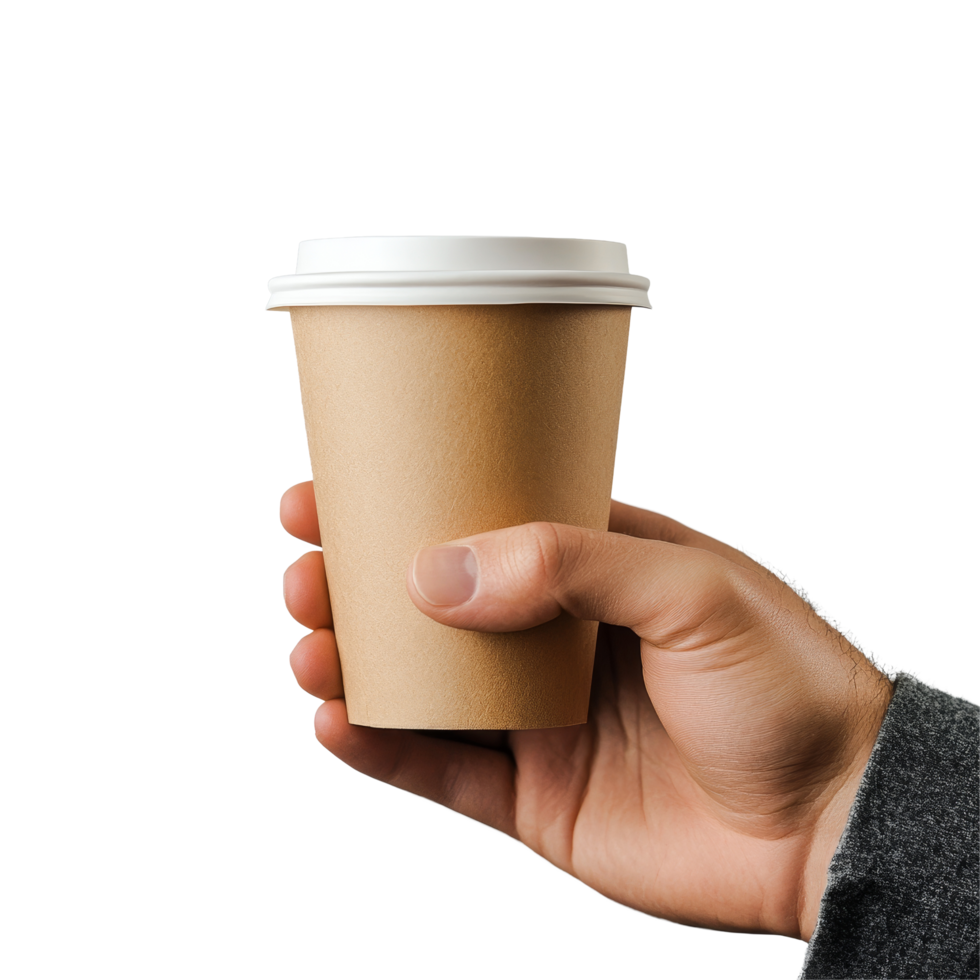 A man holds a coffee paper cup mockup in his hand against a soft gray background, Male Hand Holding Coffee Paper Cup Mockup Isolated on Light Grey Background png