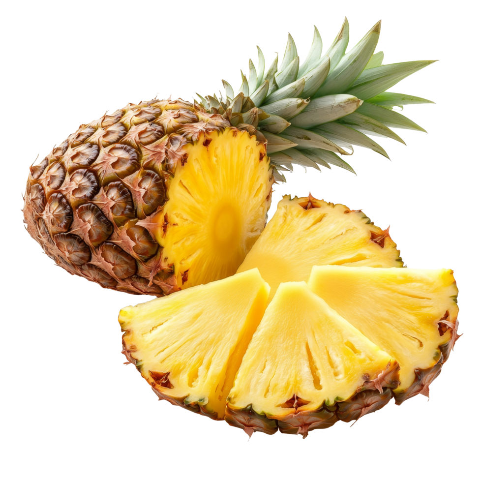 Fresh pineapple with vibrant slices displayed against a clean transparent background for culinary inspiration, piece of pineapple with slices on transparent background png