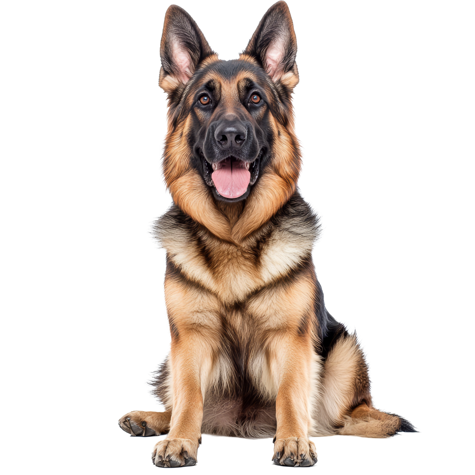 Captivating German Shepherd sitting on a transparent background with an alert expression and bright eyes, Captivating German Shepherd Dog Isolated on a transparent background png