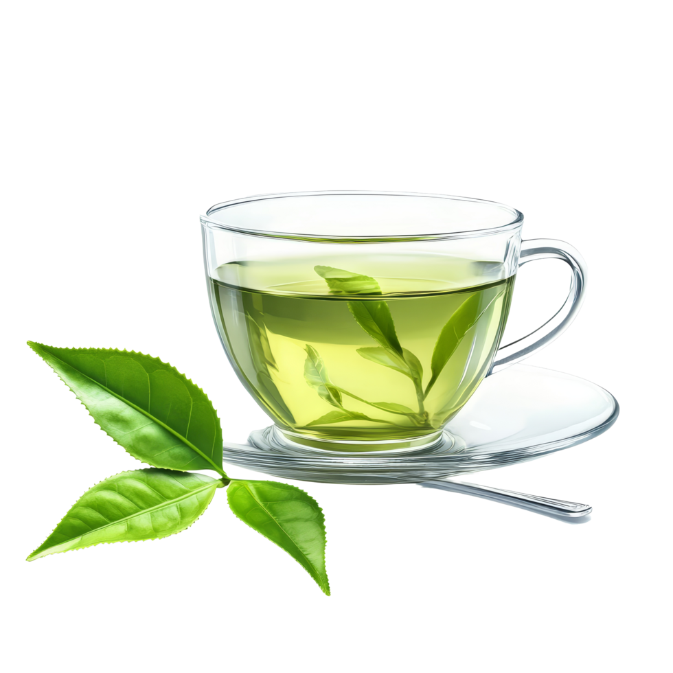 Refreshing green tea served in a clear glass cup with tea leaves on a transparent background, green tea isolated on transparent background png