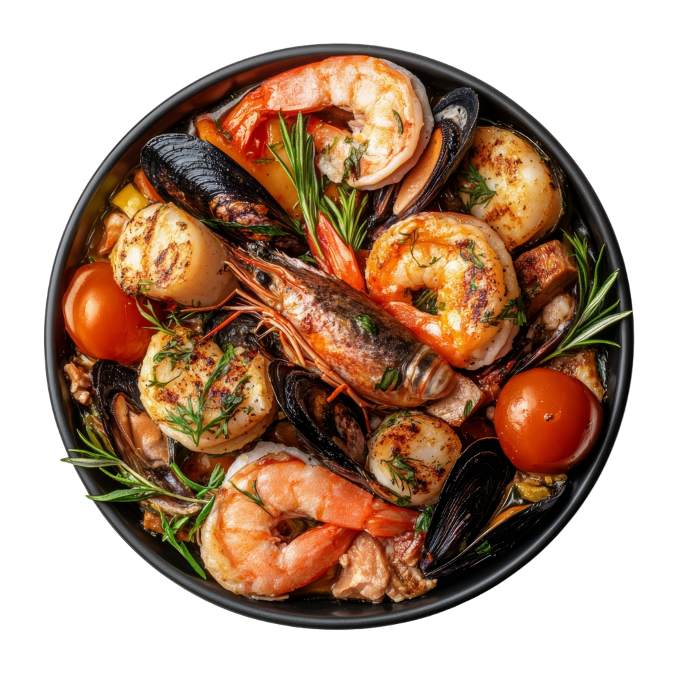 Delicious seafood and meat platter served in a black dish with vibrant colors and herbs, Dish containing both seafood and meat top view isolated on transparent background png