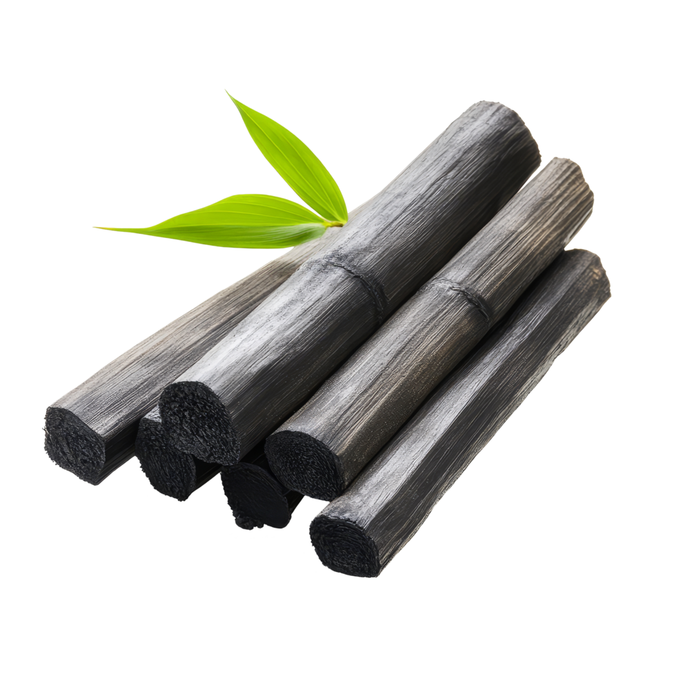 Bamboo charcoal sticks with green leaves arranged on a clean background for natural aesthetics, Bamboo charcoal isolated on transparent background png