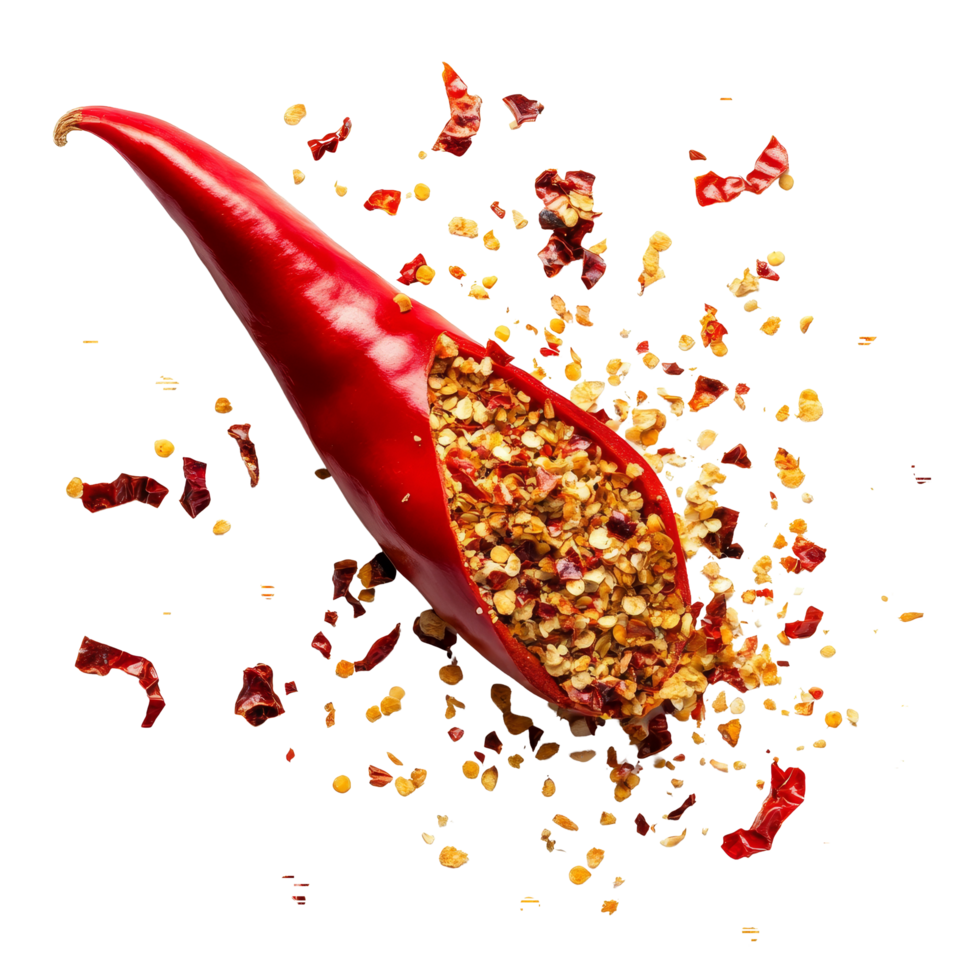 Red chili pepper bursting with vibrant chili flakes against a bright transparent background, showcasing texture, Chili flakes bursting out from red chili pepper over transparent background png