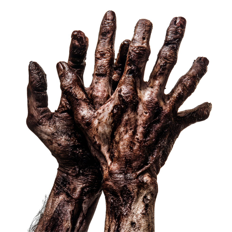 Grimy zombie hands reaching upwards against a stark transparent background in an eerie display of horror elements, Zombies hands on transparent background png