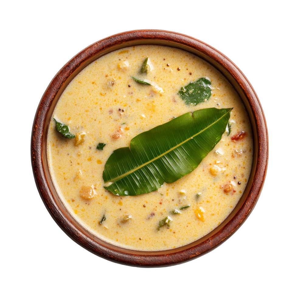 Top view of traditional Chithirai Kani plate with coconut milk curry and aromatic spices, isolated on transparent background, Chithirai Kani plate top view isolated on transparent background png
