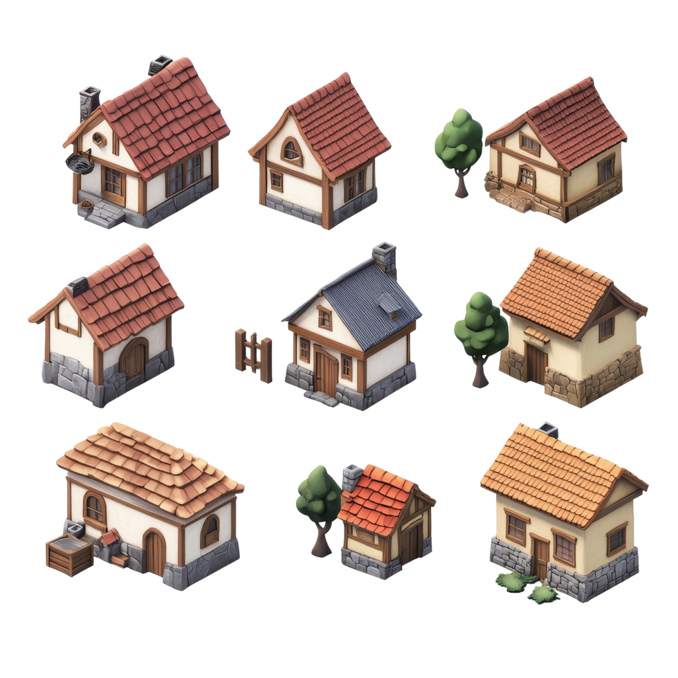 Charming RPGstyle village buildings arranged on a transparent background showcasing quaint architectural designs, Village buildings 2d rpg style view on transparent background png