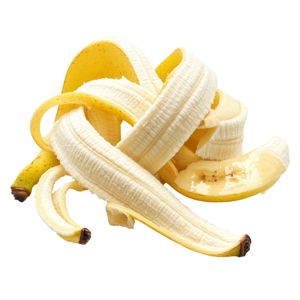 Peeled banana slices and peels arranged on a clean transparent background ready for culinary use or snacking, Peeled banana slices isolated on transparent background png