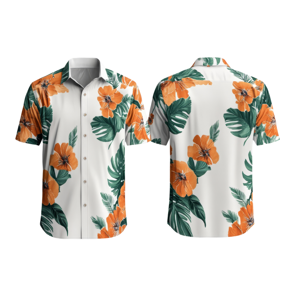 Elegant tropical shirt mockup showcasing vibrant floral design from front and back views in a minimalist setting, Elegant Tropical Shirt Mockup from Front and Back Views on transparent background png