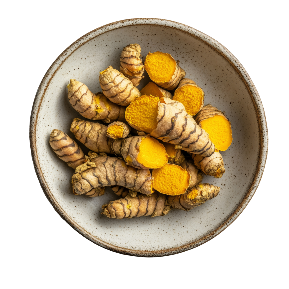 Fresh turmeric root displayed on a simple plate against a clean transparent background highlighting its vibrant color, fresh turmeric in plate on transparent background png