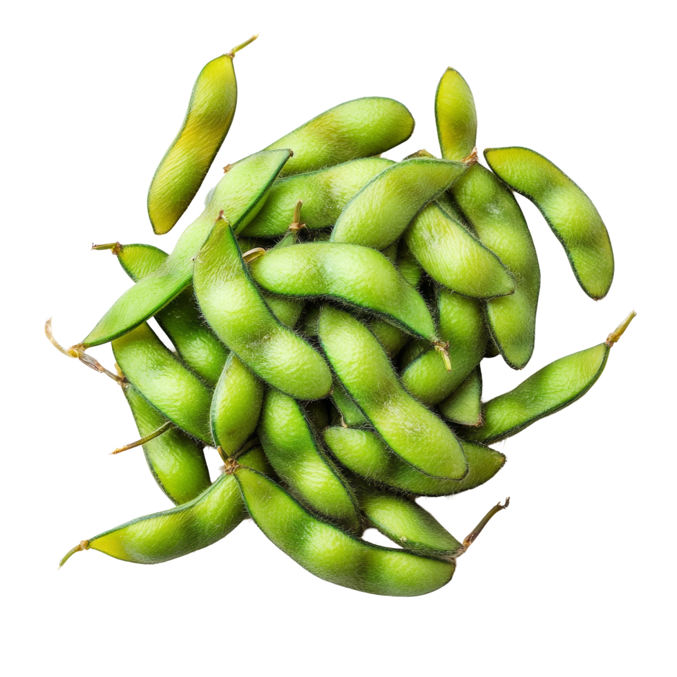 Fresh edamame soybeans clustered together on a clean transparent background showcasing their vibrant green color, edamame soy beans isolated on transparent background png