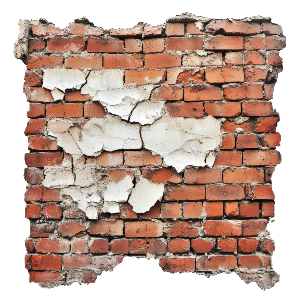 Weathered red brick wall with cracked plaster revealing the underlying brick structure, highlighting age and decay, Ruined, collapsed, cracked, or broken weathered red brick wall transparent png