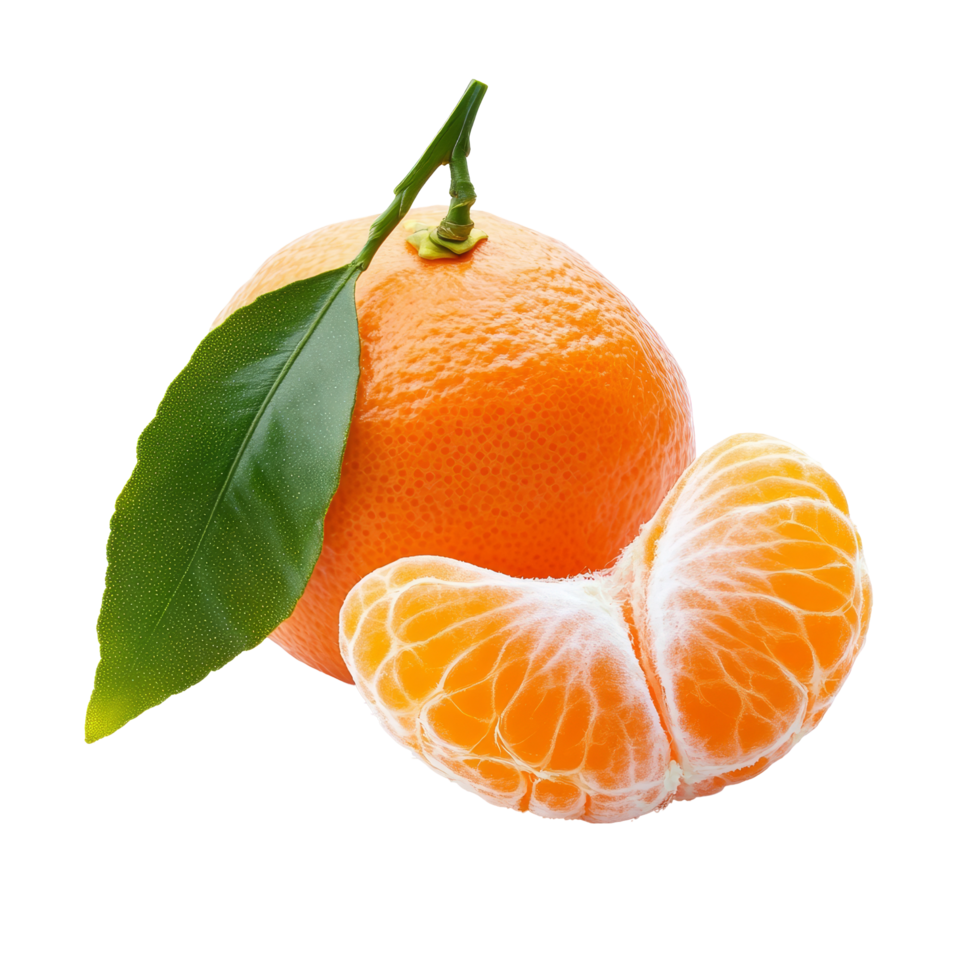 Fresh tangerine with a leaf and a segment isolated on a clean transparent background, Tangerine or clementine isolated on transparent background png