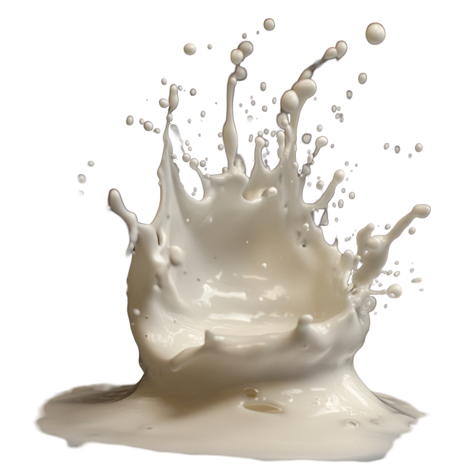 Dynamic splash of milk frozen in motion above a reflective surface against a dark backdrop, Milk splashing png