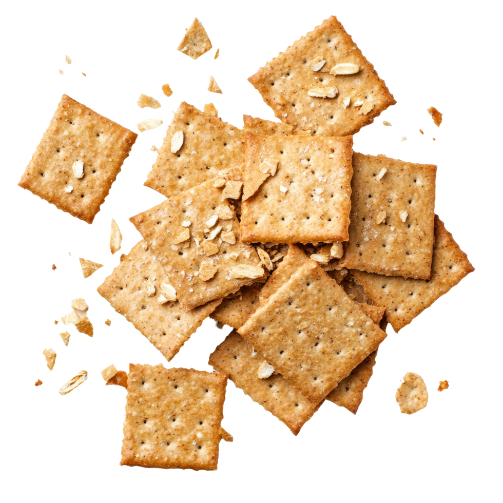 Whole wheat crackers scattered and crushed on a clean transparent background, ideal for healthy snack, whole wheat cracker and broken crushed on transparent background top view isolated on transparent png