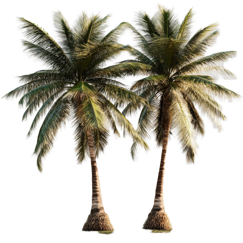 Two isolated coconut trees with lush green fronds standing tall in a tropical environment on a transparent background, coconut trees isolated on transparent background. Realistic 3D render png
