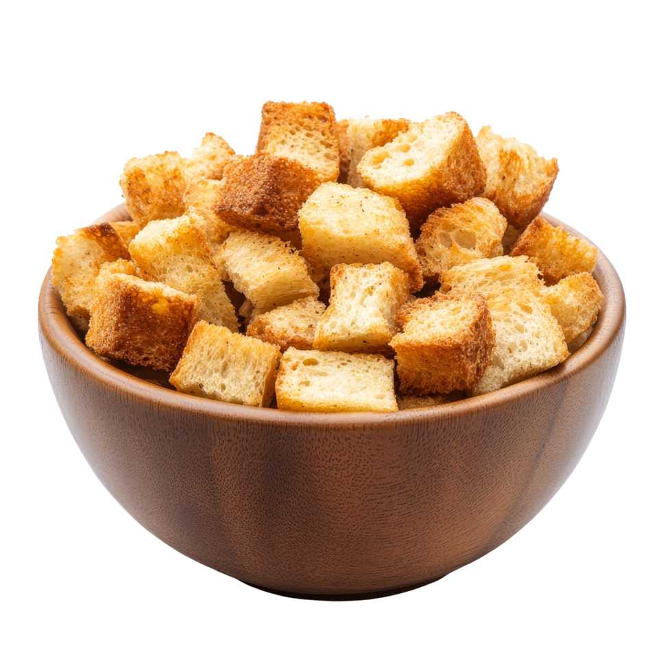 Crispy croutons in a wooden bowl isolated on a transparent background for a healthy snack or salad topping, Crispy croutons in bowl isolated png