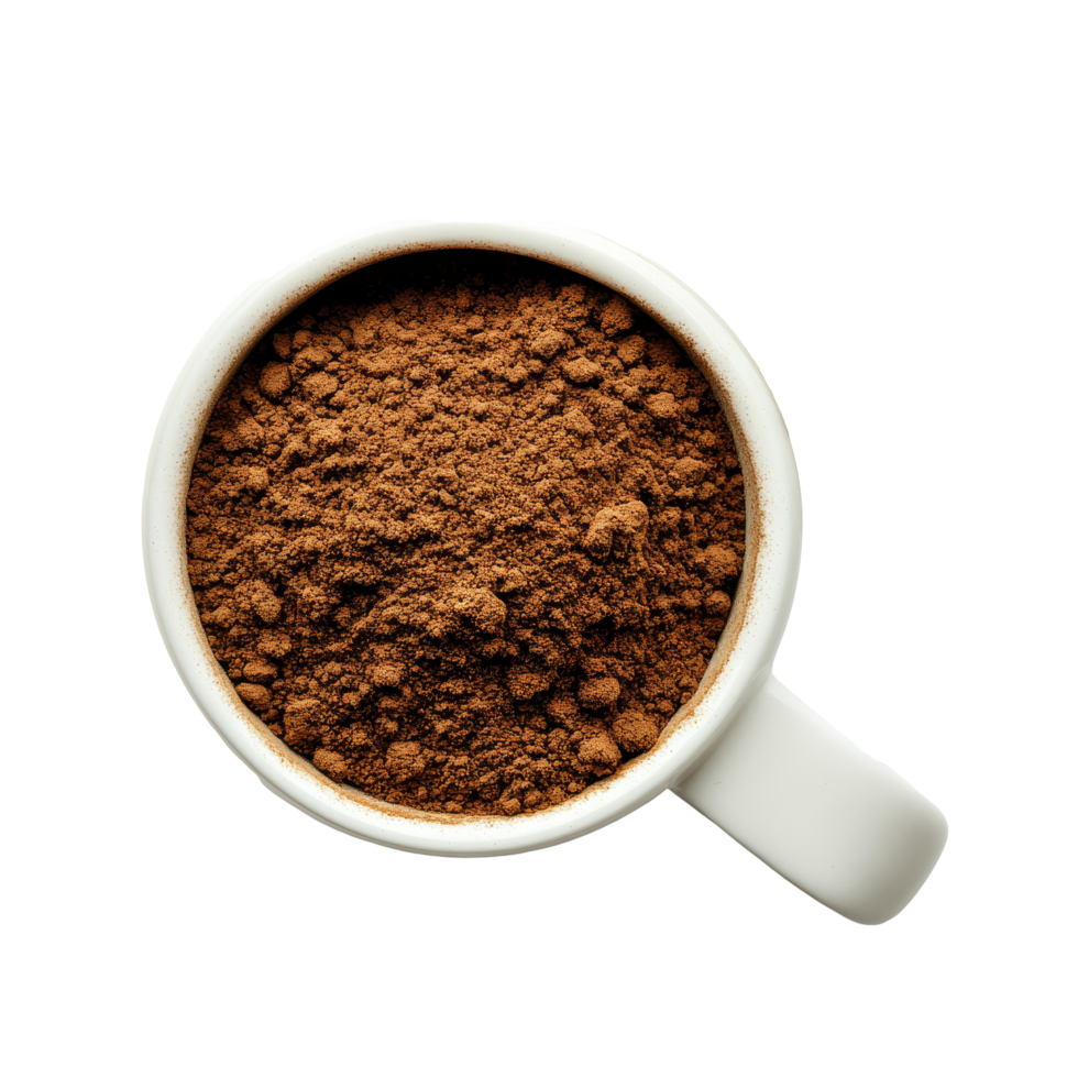 A coffee cup overflowing with rich coffee powder, surrounded by coffee beans, on a clean transparent surface in a welllit setting, coffee cup filled of coffee powder Stock Photo png