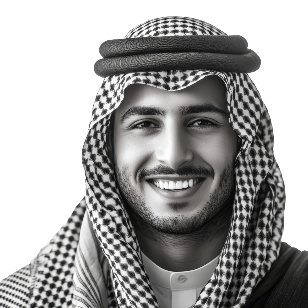 A smiling Arab man in monochrome keffiyeh poses against a bright transparent background, exuding confidence and warmth, Smiling Arab Man with Monochrome Keffieh on transparent background png