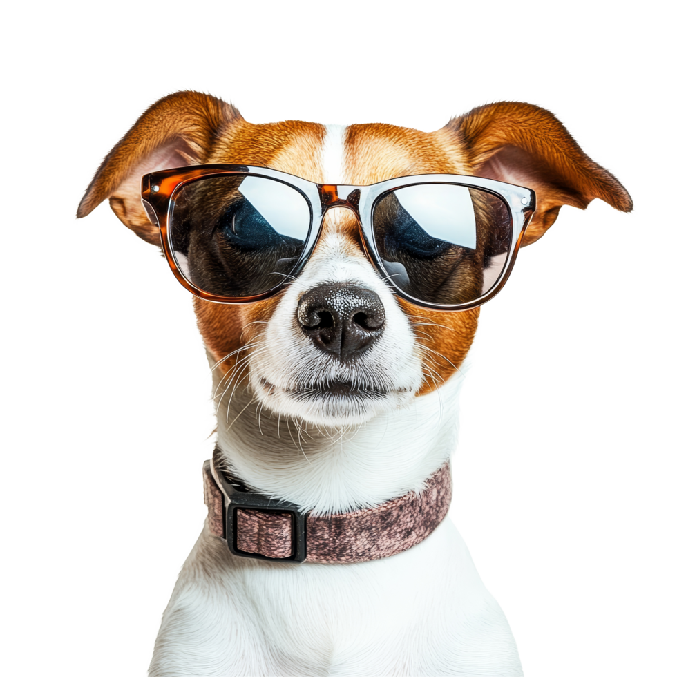 A charming dog sports stylish sunglasses against a clean transparent background, radiating confidence and humor, Funny dog wearing sunglasses on transparent background png