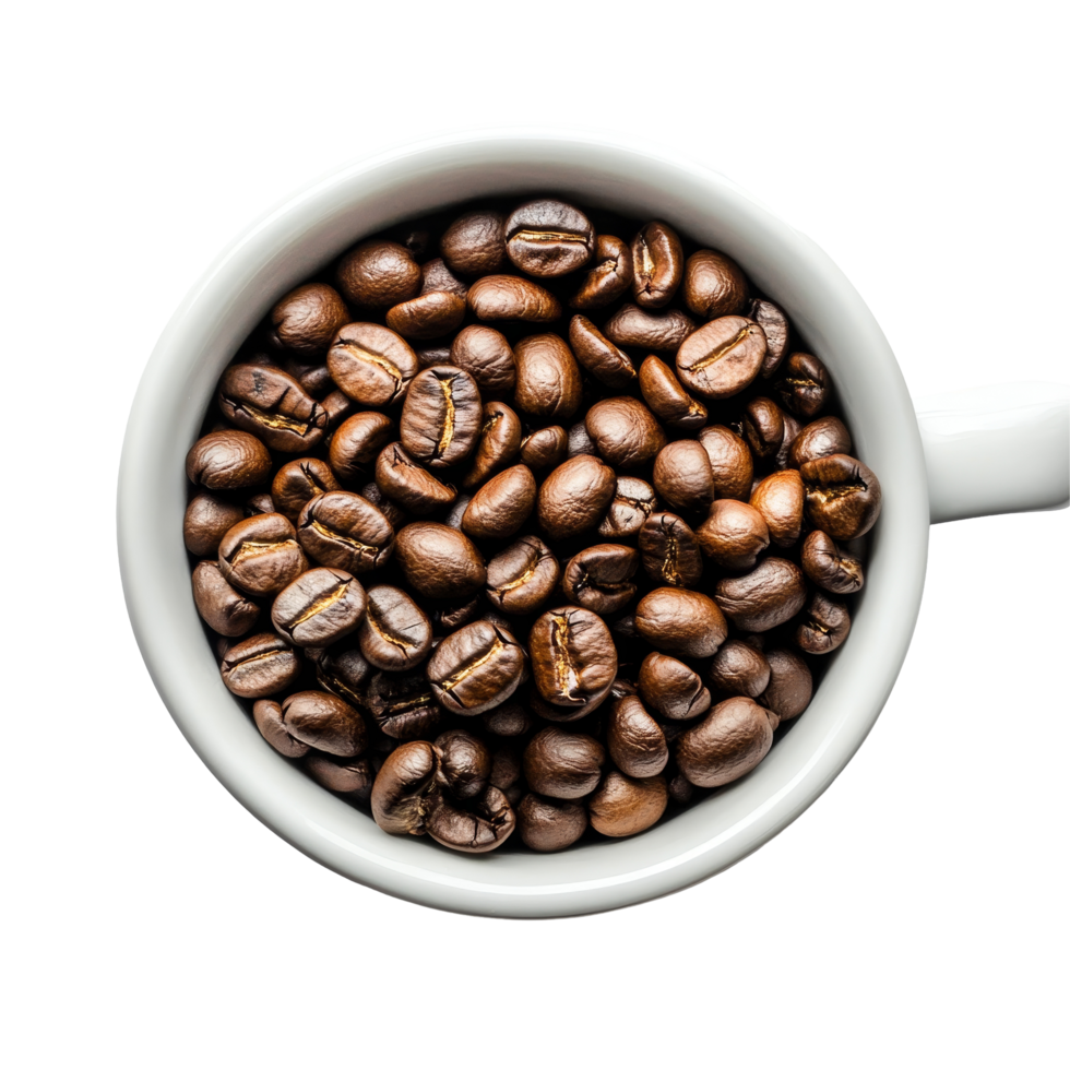 Aerial view of fresh coffee beans in a transparent cup against a soft transparent background highlighting their rich texture and color, Coffee beans in coffee cup png