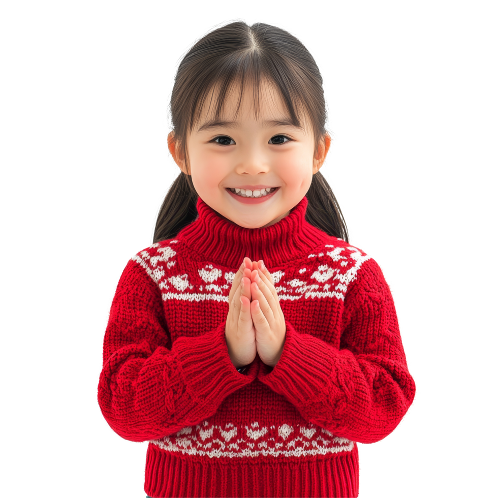 Happy Asian girl in a cozy red knitted sweater with a cheerful expression indoors during winter time, Happy cute Asian girl wear red warm knitted sweater make a wish isolated transparent background png