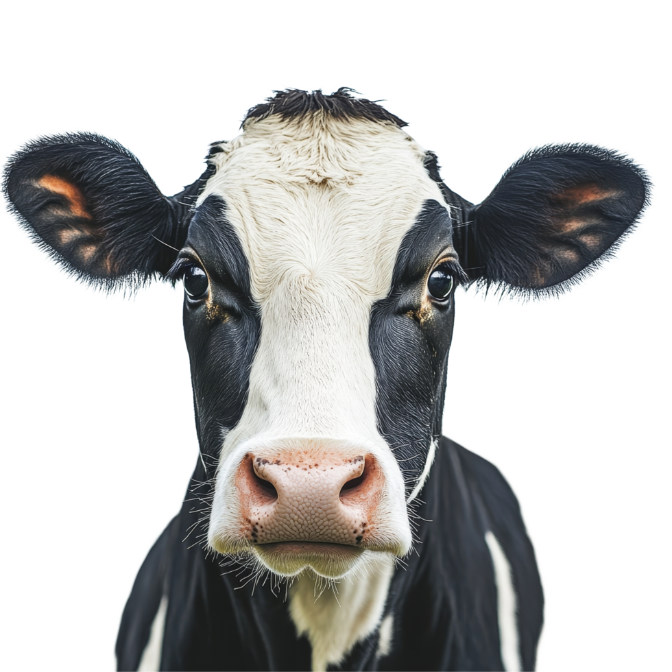 A closeup view of a cow with black and transparent markings against a plain transparent background highlighting its features in detail, snow pear top view on transparent background png