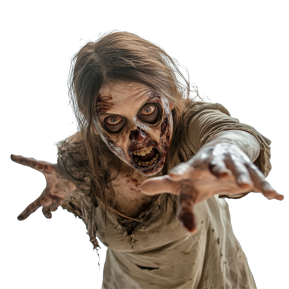 Creepy zombie woman reaching out with an intense expression against a plain transparent background, Zombie Woman Reaching Out on transparent background png