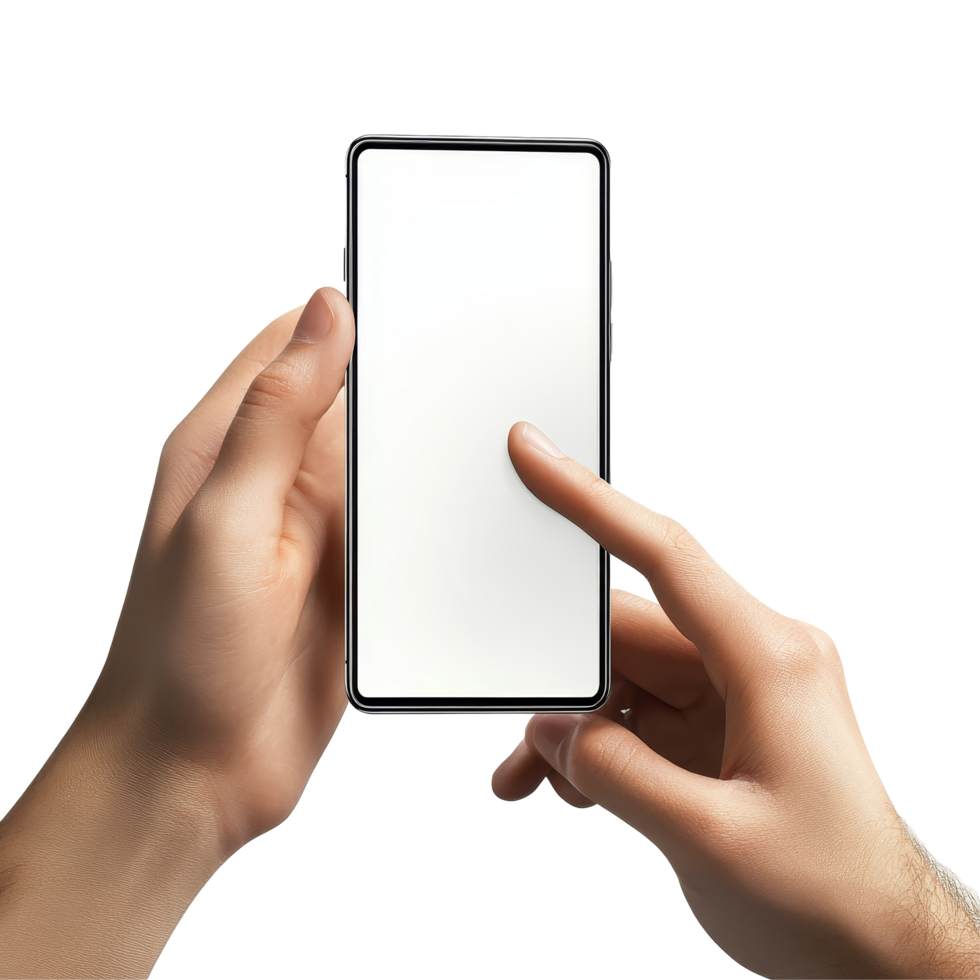 A person tapping on a blank mobile phone screen with two hands in a bright, neutral setting, Mobile phone screen mockup, finger touching, tapping on smartphone isolated on transparent background png