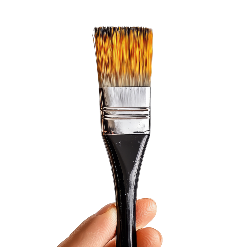 An artist holds a paintbrush to create vibrant strokes against a blank canvas in a bright studio setting, Paintbrush, paint brush in hand of artist, making brushstroke isolated on transparent png