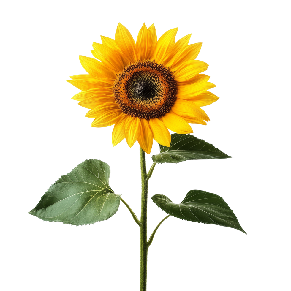 Vibrant sunflower with green leaves against a clean transparent background highlighting its natural beauty, sunflower isolated on transparent background png