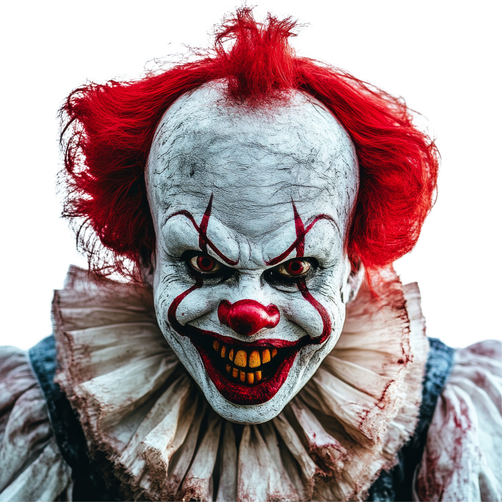 Sinister clown with bright red hair and menacing expression isolated on transparent background, Scary Clown Isolated on transparent background png