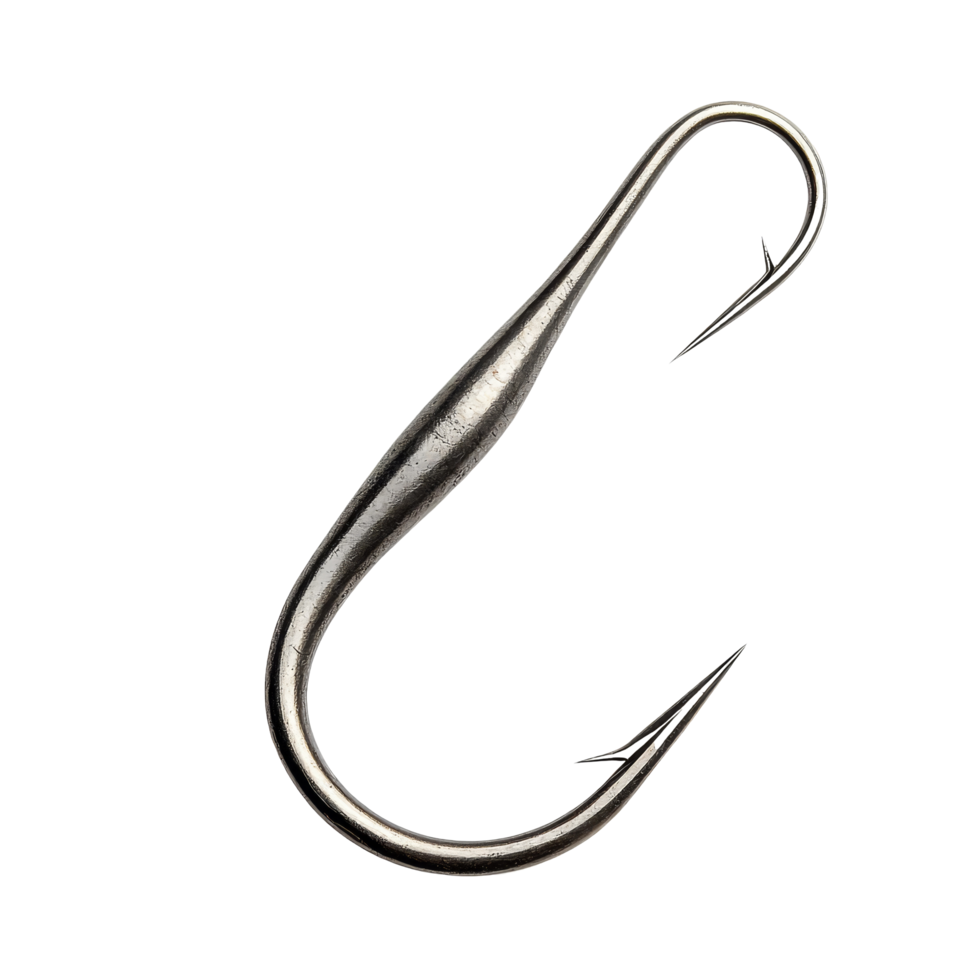 Closeup of a stainless steel fishing hook isolated on a transparent background for baiting and fishing activities, fishing hook isolated on a transparent background png