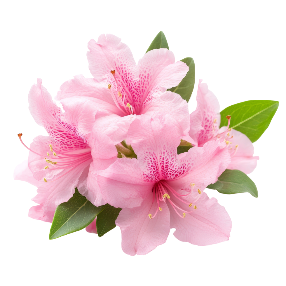 Delicate azalea flowers in soft pink hues with vibrant green leaves on a clean transparent background, Azalea flowers isolated on transparent background cutout png