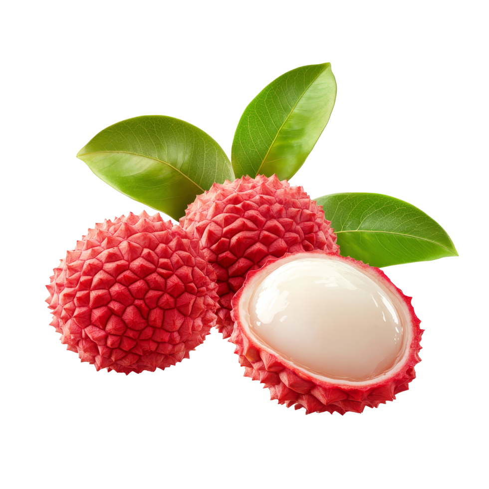 Fresh lychee fruit with green leaves isolated on a transparent background showcasing tropical produce, Lychee with leaves tropical fruit isolated on transparent background png