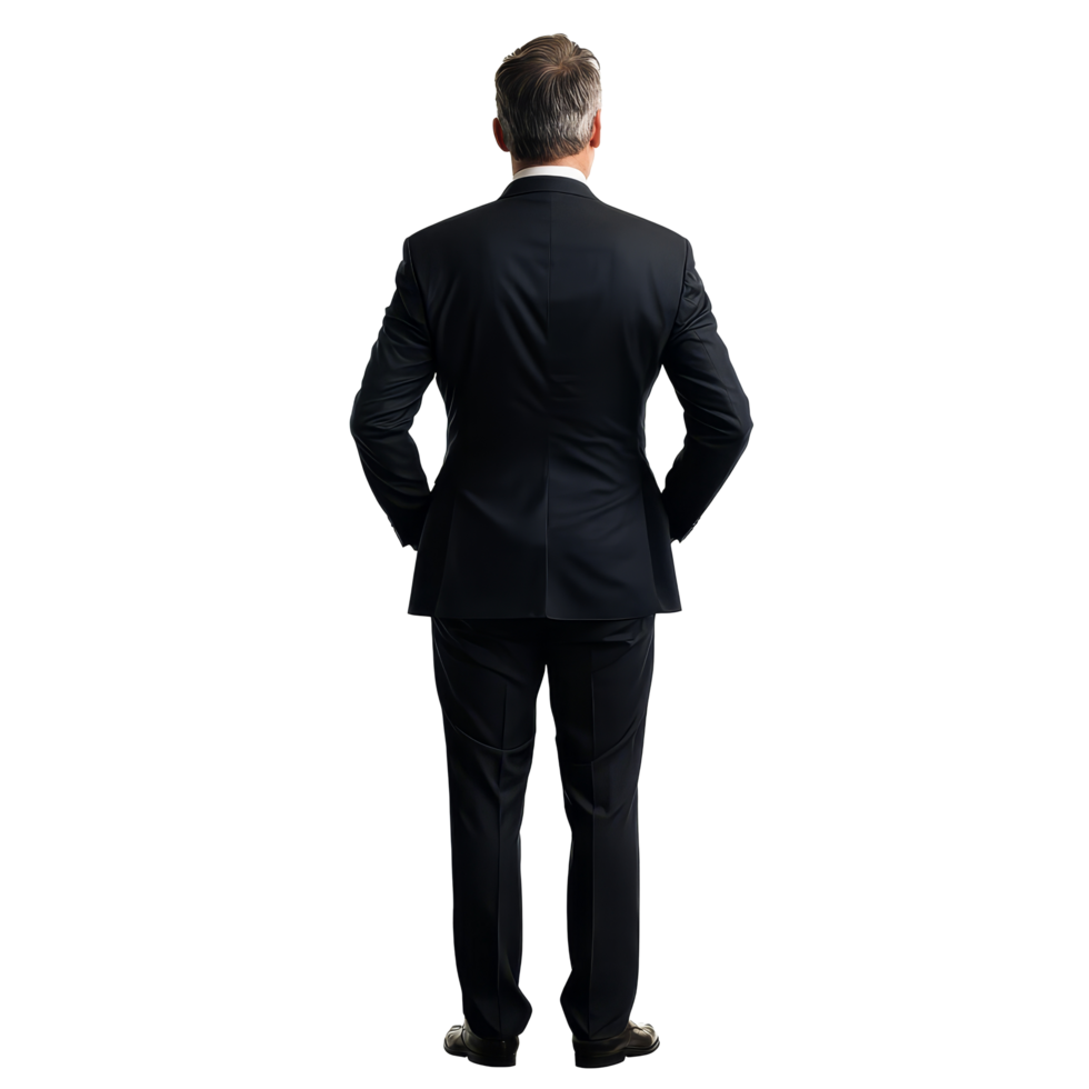 Businessman in formal attire standing with hands behind his back, gazing at a city skyline during early morning hours, Corporate businessman standing back view file no background png
