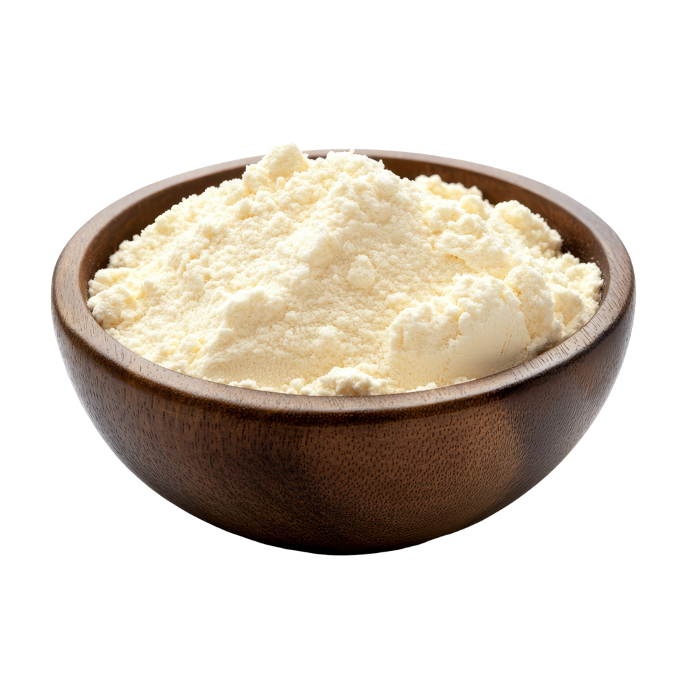 Whey protein powder displayed in a wooden bowl on a plain transparent background for fitness and nutrition, whey protein in a wood bowl on transparent background png