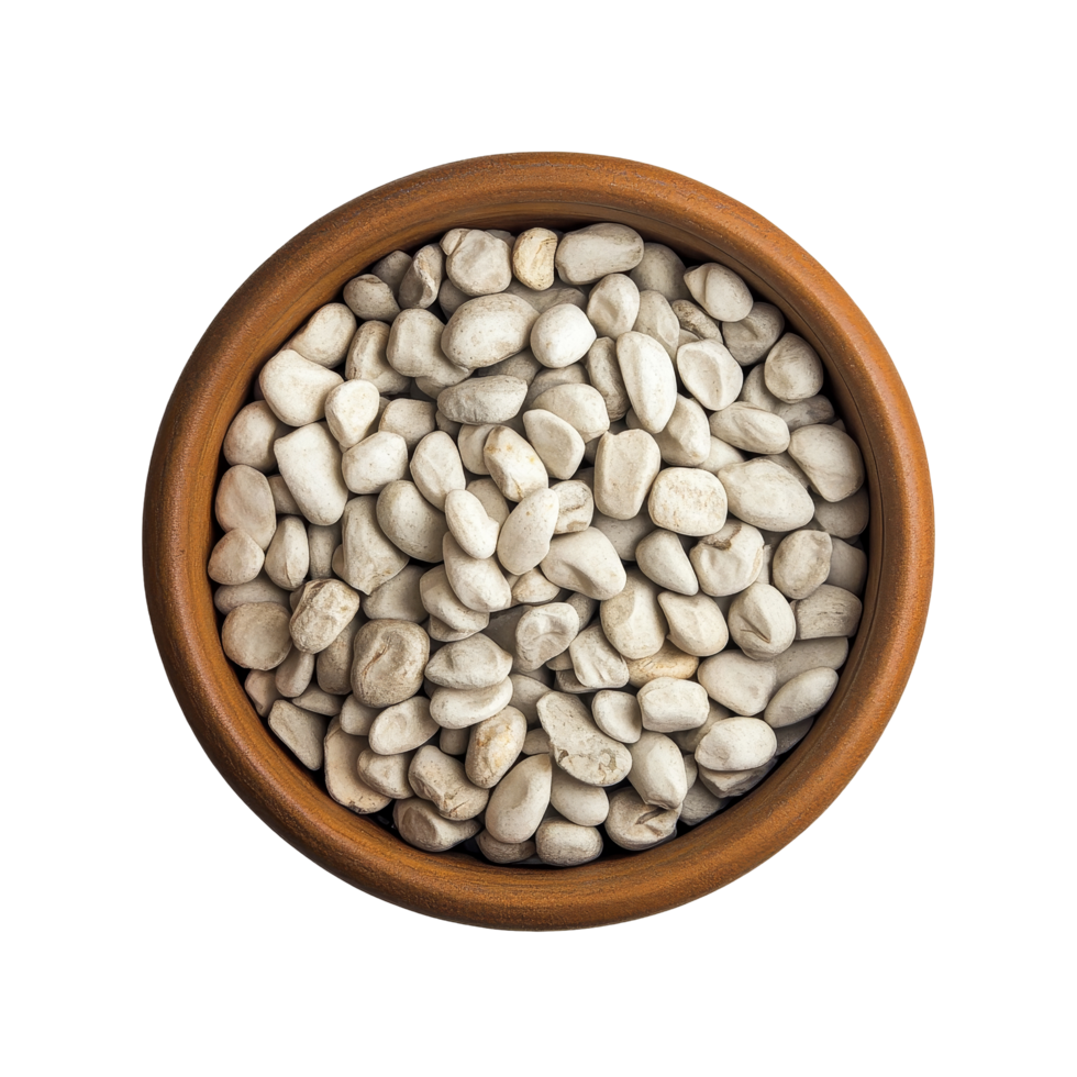 A bowl filled with jobs tears on a transparent background showcasing the natural texture and color of the seeds, Jobs tears in a bowl on transparent background png