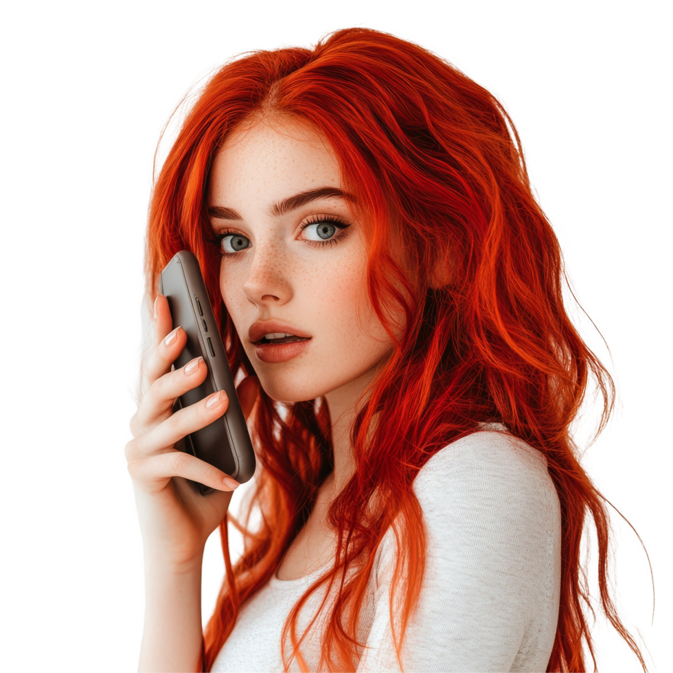 A young woman with vibrant red hair talking on her phone against a simple transparent background, Redhead with Phone on transparent background png