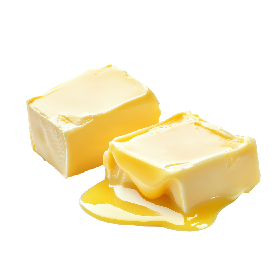 Two pieces of butter melting on a transparent background, perfect for culinary presentations and cooking inspiration, Two pieces of butter melting isolated png