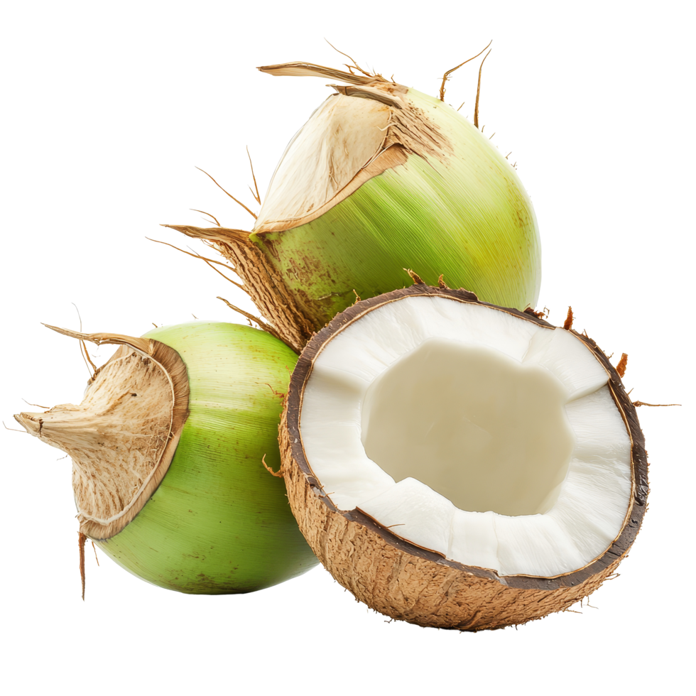 Fresh young coconuts arranged on a transparent background showcasing their vibrant green exterior and creamy interior, young coconut nuts isolated on transparent background png