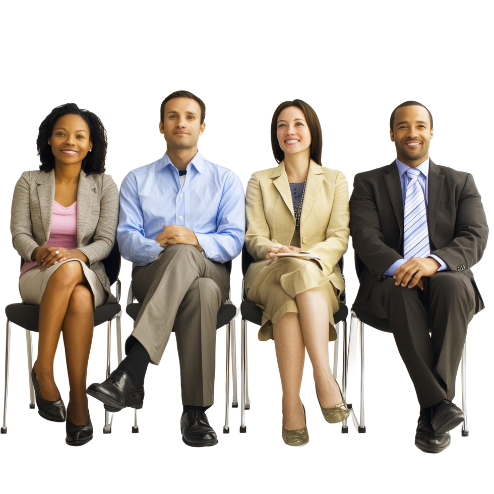 Diverse individuals seated in a waiting area for an interview at a professional setting, file no background Diverse people waiting for a job interview png