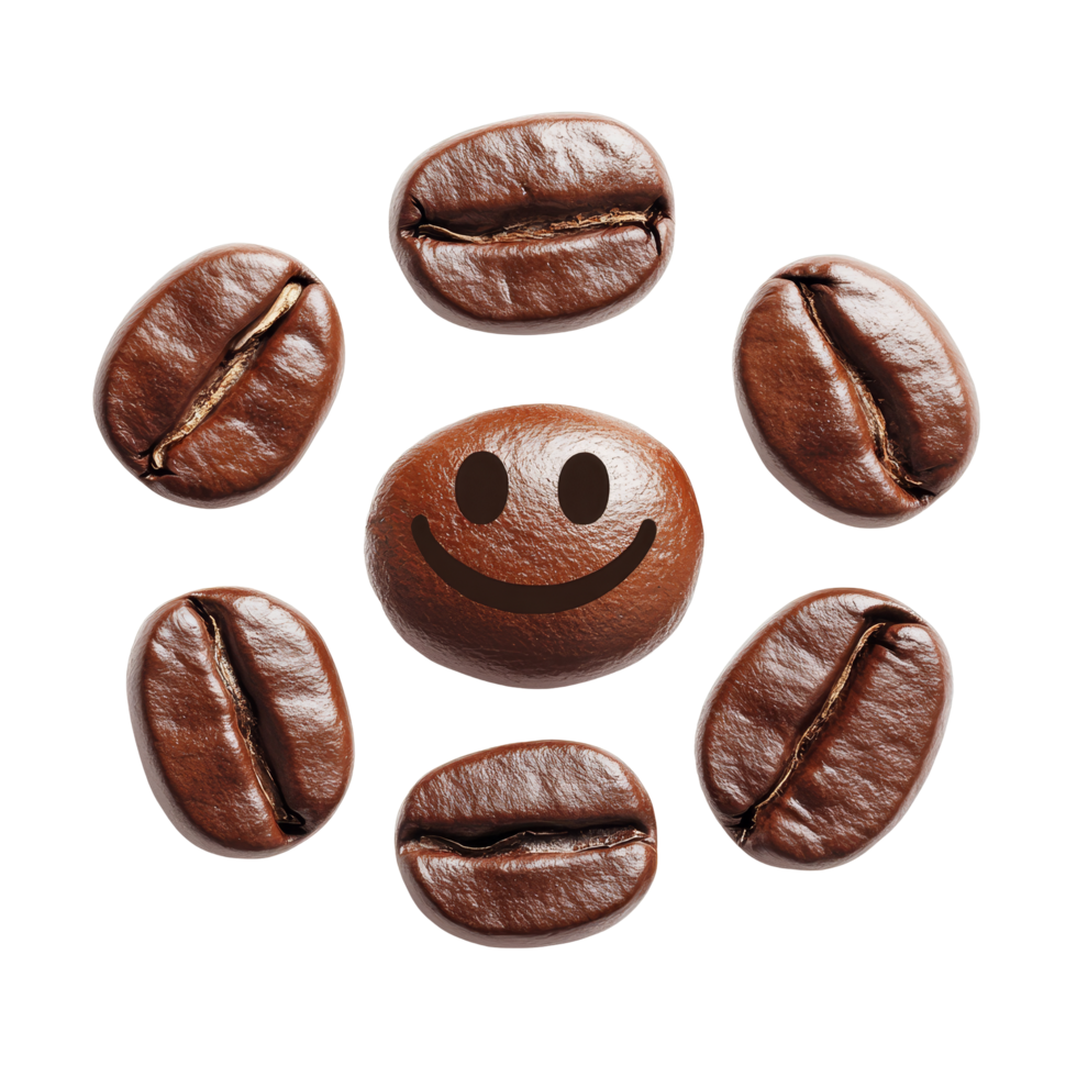 Smiling coffee beans arranged playfully in a cheerful pattern on a transparent background, smiling coffee beansillustrationisolated on transparent background png