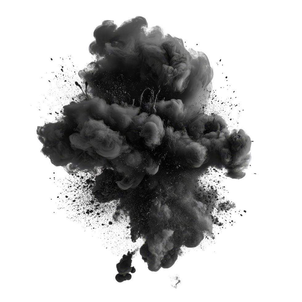 Black paint splash explosion creates a dynamic smoke cloud on a transparent background, Black paint splash explosion smoke cloud isolated on transparent background png