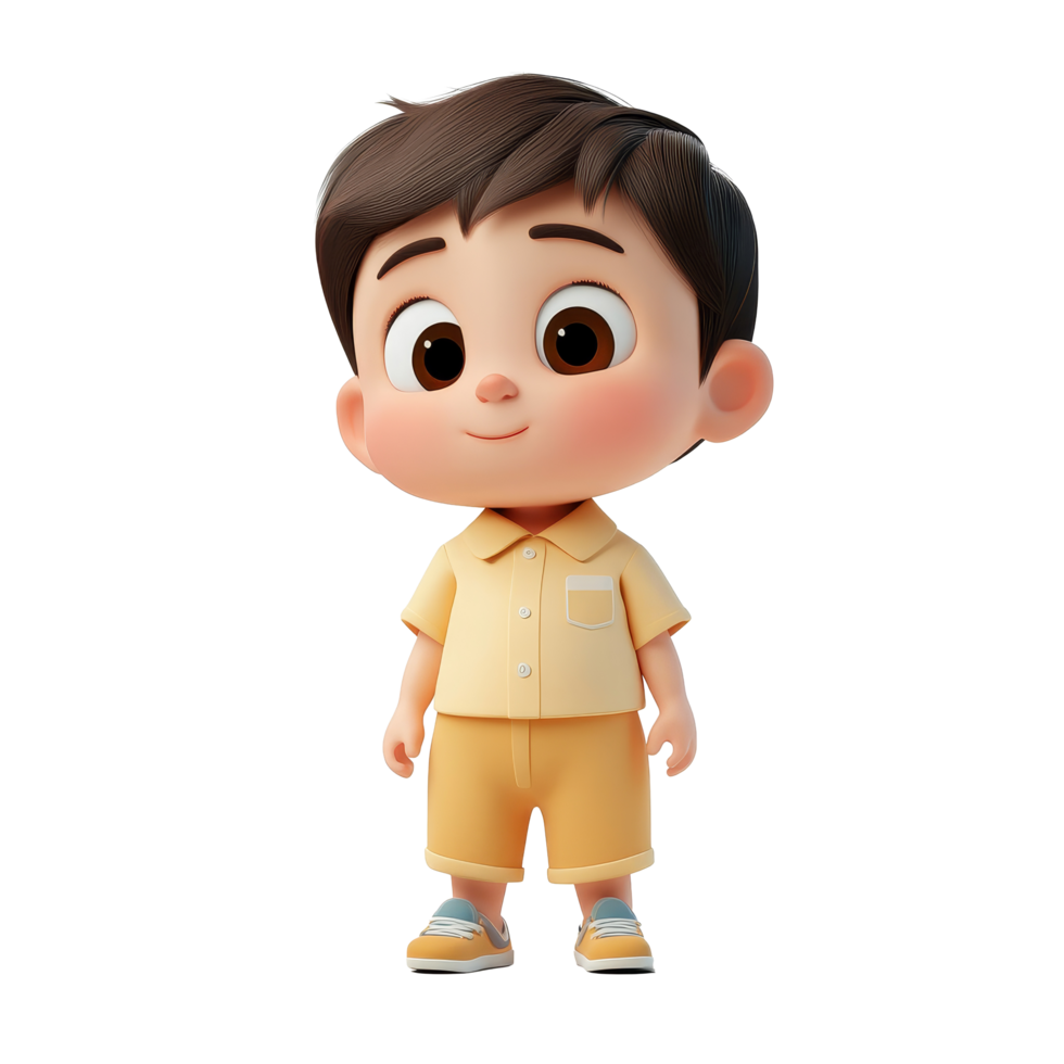 A cheerful cartoon child dressed in a yellow outfit stands on a transparent background, 3d cartoon of little child isolated on transparent background png
