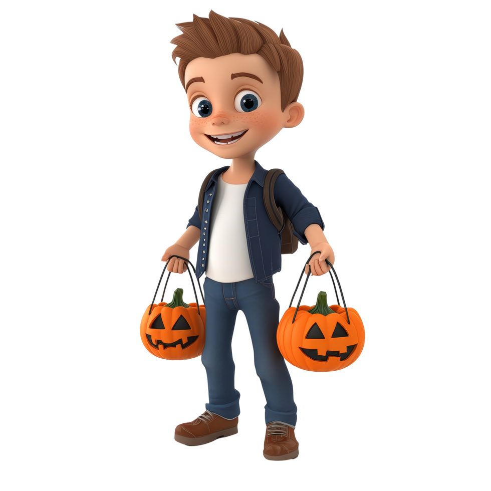 Happy cartoon boy celebrating Halloween with pumpkin baskets on a bright transparent background, 3D Cartoon boy with Halloween Baskets on transparent background png
